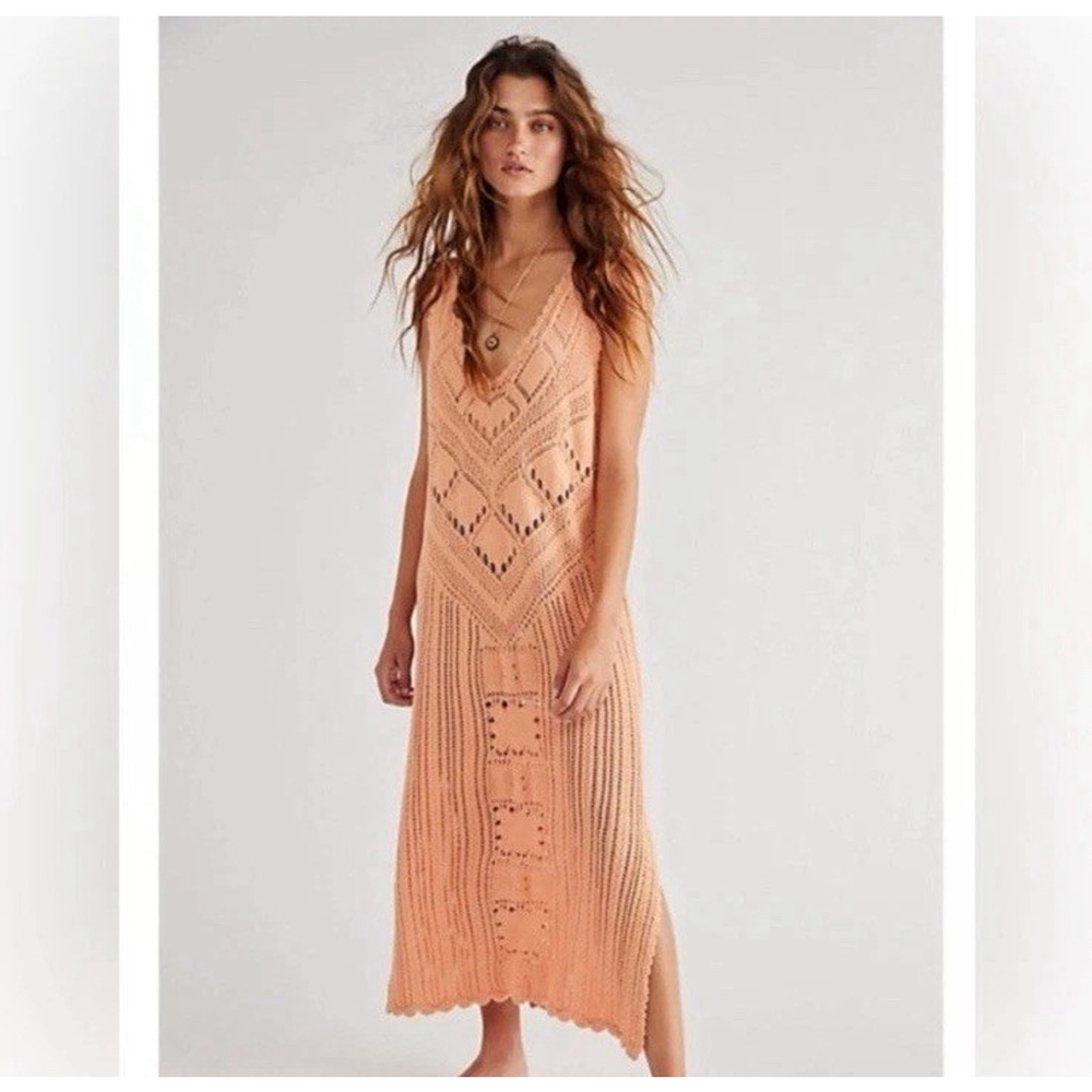 Free People Beach XS Santorini Fauxchet Crochet Midi Dress Sunrise Coral Boho